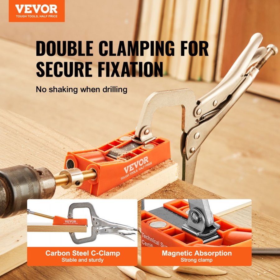 VEVOR Pocket Hole Jig, 56 Pcs Mini Jig Pocket Hole System with 22.9 cm C-clamp, Step Drill, Wrench, Drill Stop Ring, Square Drive Bit, and Screws, for DIY Carpentry Projects