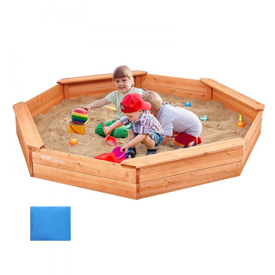 VEVOR Wooden Sandbox with Cover, 75.6 x 75.6 x 9.1 in Octagonal Sand Box, Sand Pit with 4 Seating and Bottom Liner, Kids Sandbox for Outdoor Backyard, Beach, Park, Gift for Boys Girls Ages 3-12