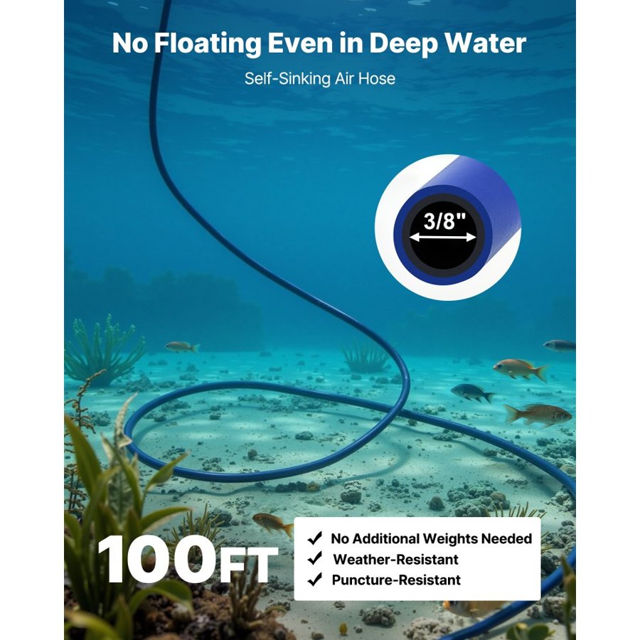 VEVOR Pond Aerators, 5.2CFM Aeration System for Lakes up to 3 Acres, 4/5 HP Air Compressor, 2 Diffusers & Two 30.5 m Weighted Tubing, Outdoor Pond Aeration Pump for Deep Water Oxygen Circulation
