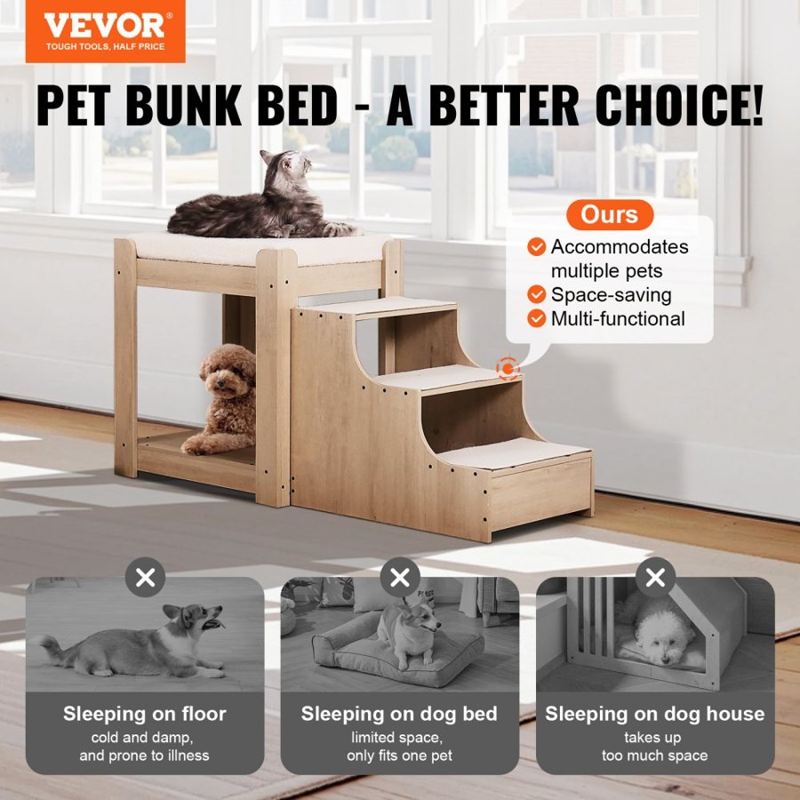 VEVOR Pet Bunk Bed with Stairs, Dog/Cat Window Perch, Multi-Level Bed Window Perch Dog Bedside Sleeper, Lounge Elevated Seat Platform with Foam Cushion,Pet Bed Couch for Bedside Indoor Use (Beige)