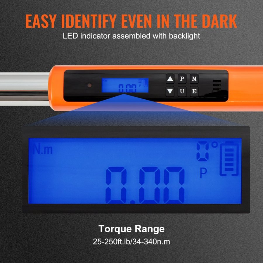 VEVOR Digital Torque Wrench, 1.3 cm Drive Electronic Torque Wrench, Torque Wrench Kit 25-250ft.lb/34-340n.m Torque Range Accurate to ±2%, 3-Mode Adjustable Torque Wrench Set with LED Buzzer Calibration