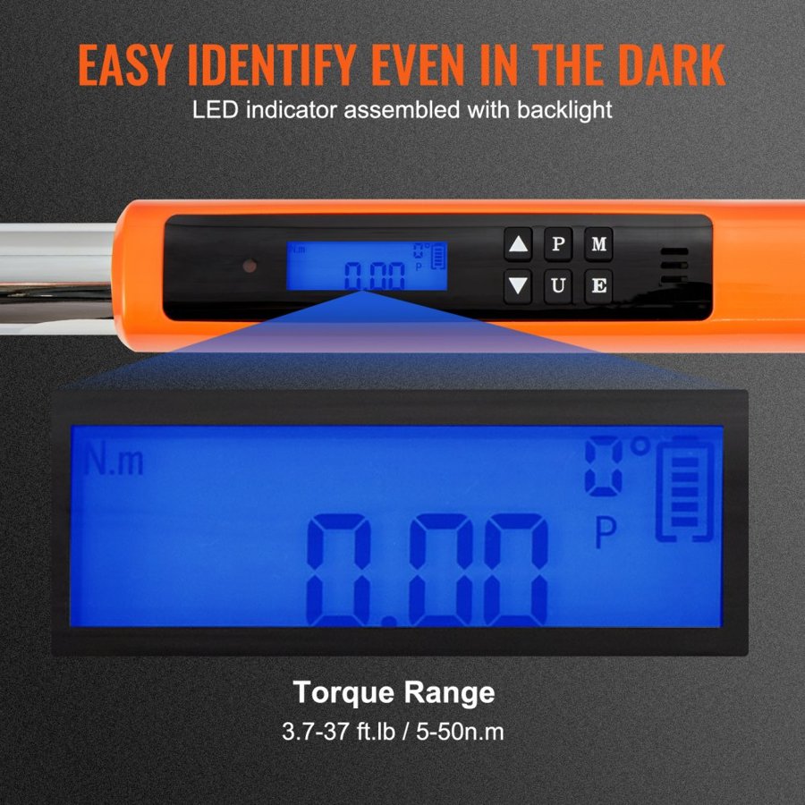 VEVOR Digital Torque Wrench, 9.5 mm Drive Electronic Torque Wrench, Torque Wrench Kit 3.7-37ft.lb/5-50n.m Torque Range Accurate to ±2%, 3-Mode Adjustable Torque Wrench Set with LED Buzzer Calibration Calibration