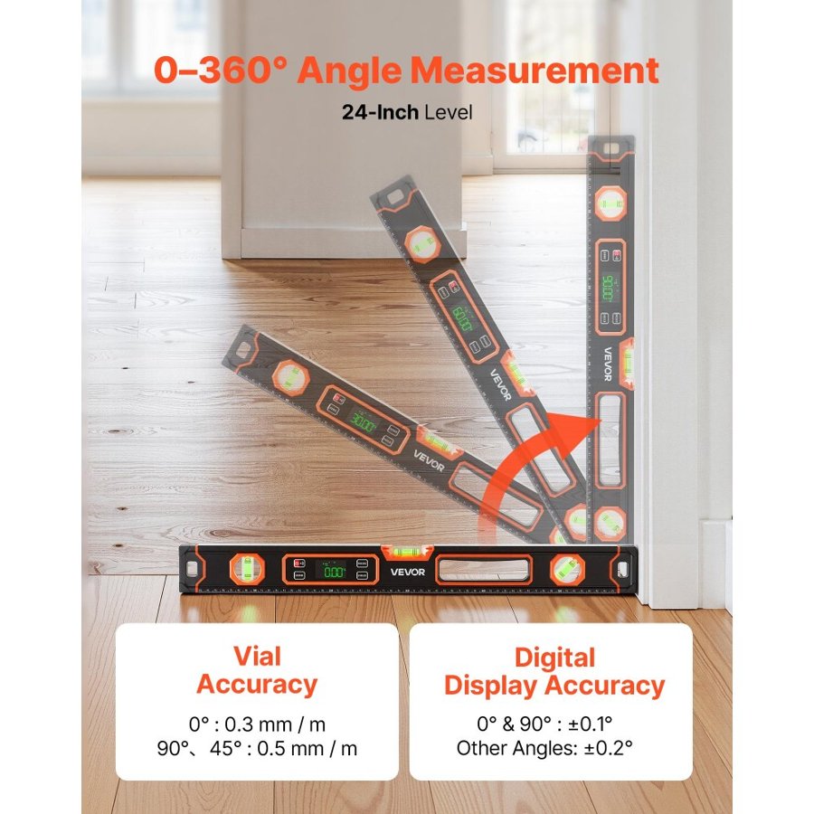 VEVOR Digital Level, 600 mm, Magnetic Electronic Level with LED Backlit Display, 360° Electronic Leveler Tool with 0°/45°/90° Bubble Vials, IP54 Rating for Construction Carpentry Home Renovation