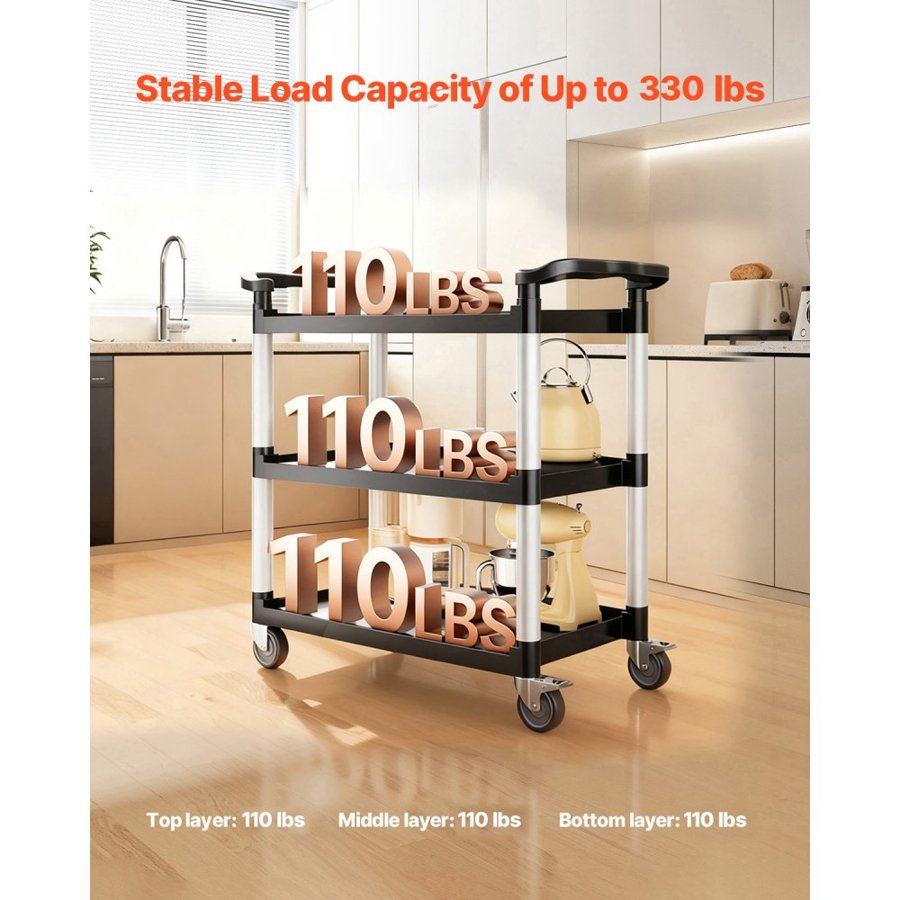 VEVOR 3-Shelf Plastic Utility Cart With Wheels – 330 lbs
