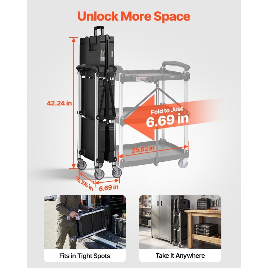 VEVOR 3 Shelf Utility Cart – 165 lbs, 25.62"x15.43"x32.76"
