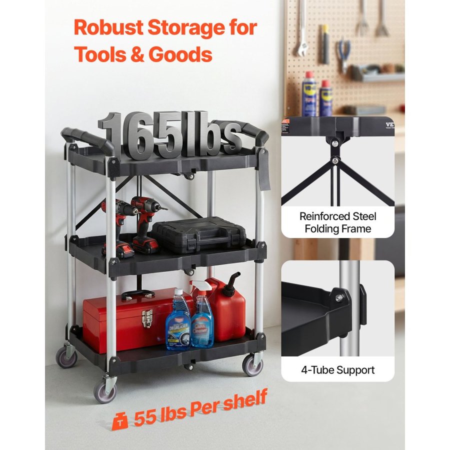 VEVOR 3 Shelf Utility Cart – 165 lbs, 25.62"x15.43"x32.76"