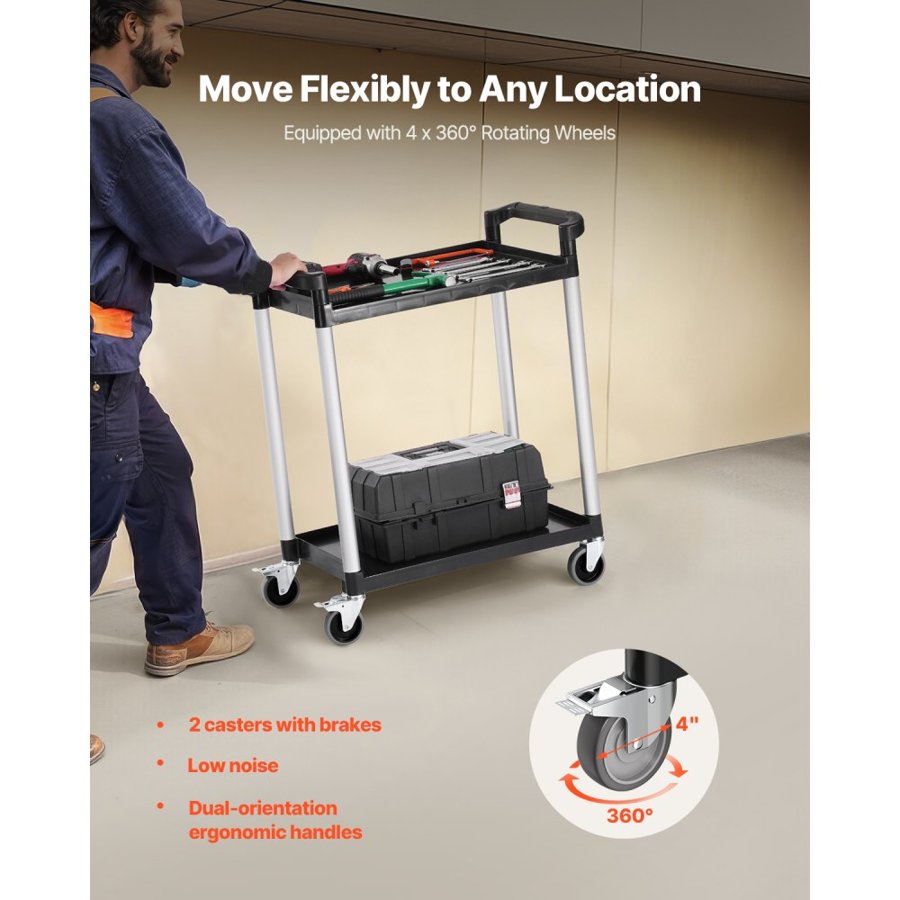 VEVOR 2 Tier Plastic Utility Cart – 300 Lb, 4 Casters