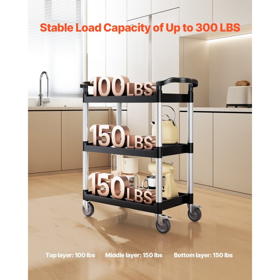 VEVOR 3 Tier Plastic Utility Cart – 300 Lb, 3 Shelves