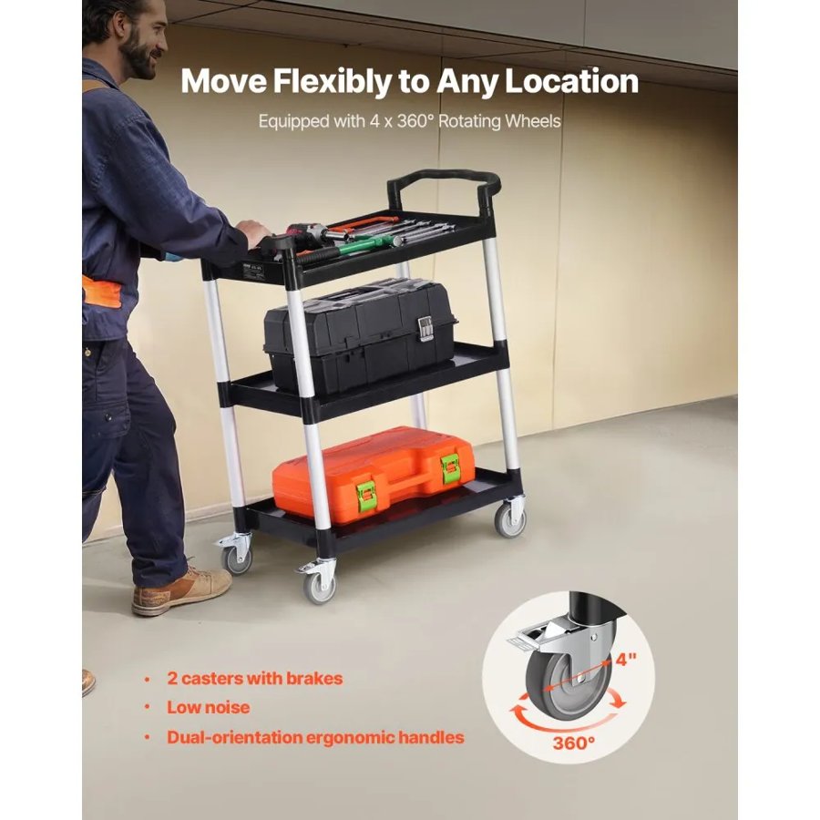 VEVOR 3 Tier Plastic Utility Cart – 300 Lb, 3 Shelves