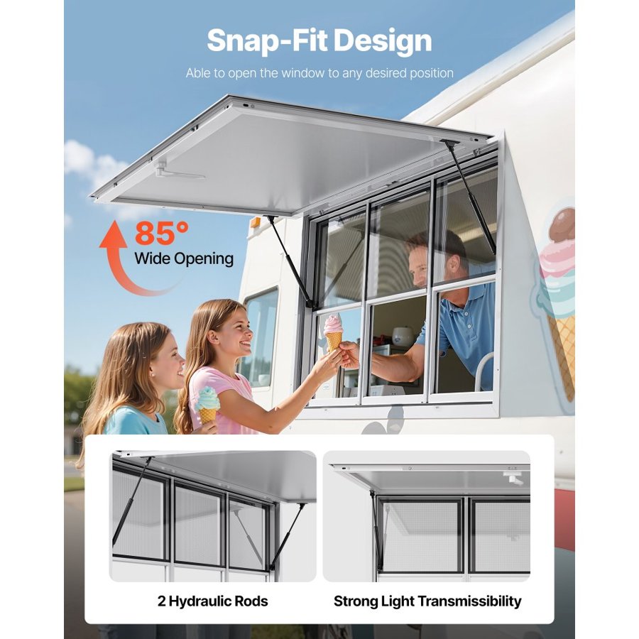 VEVOR Concession Window 152x92 cm, Aluminum Alloy Service Window for Food Truck, Up to 85 Degrees Stand Serving Window with 6 Sliding Windows, Awning Door, and Drag Hook, for Concession Trailers