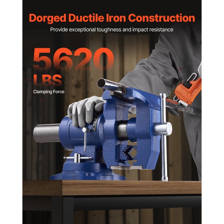 VEVOR Heavy Duty Bench Vise, 165 mm / 6.5" Jaw Width, 125 mm/5" Max Jaw Opening Multi-Purpose Ductile Iron Bench Vise with Anvil, 360° Swivel Base Head, 3" Throat, 2549 kg/5620 lbs Clamp Force, for Pipe Repairing Metalworking