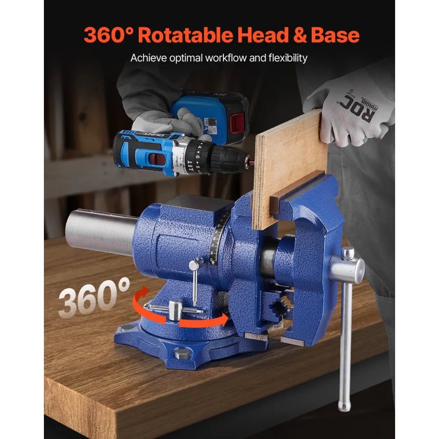 VEVOR Heavy Duty Bench Vise, 165 mm / 6.5" Jaw Width, 125 mm/5" Max Jaw Opening Multi-Purpose Ductile Iron Bench Vise with Anvil, 360° Swivel Base Head, 3" Throat, 2549 kg/5620 lbs Clamp Force, for Pipe Repairing Metalworking
