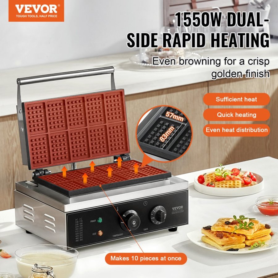 VEVOR Rectangle Waffle Maker – 10PCS, 1550W, 50mm Each