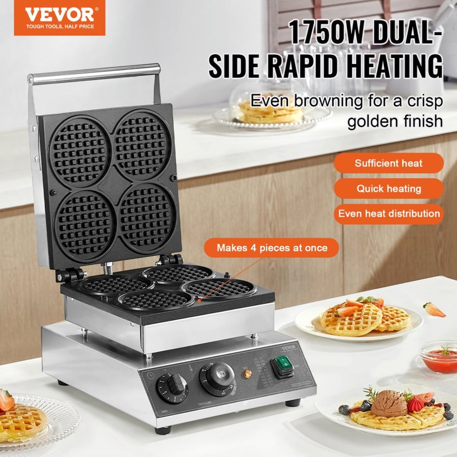 VEVOR Commercial Belgian Waffle Maker – 4PCS, 1750W