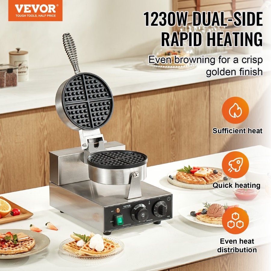 VEVOR Round Belgian Waffle Maker – 1230W, 1" Thick