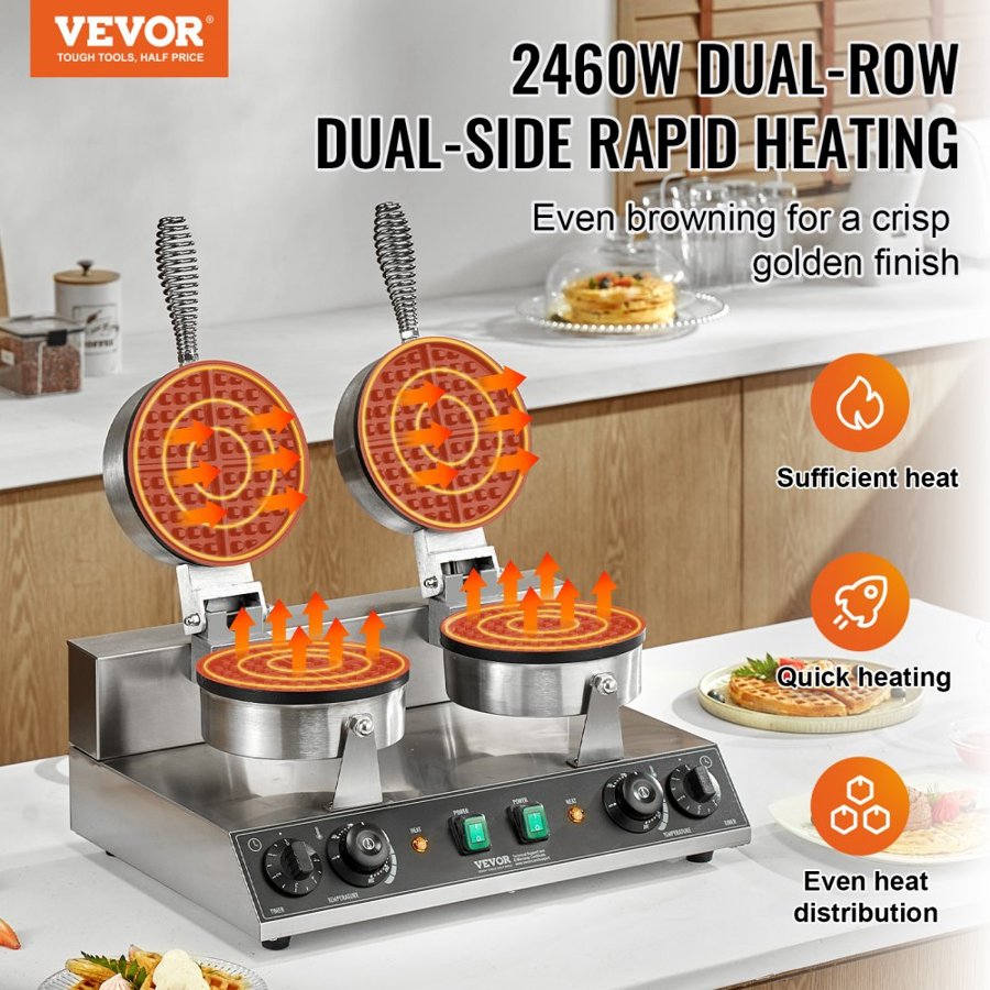 VEVOR Dual Round Waffle Maker – 2460W, 122-572°F Control