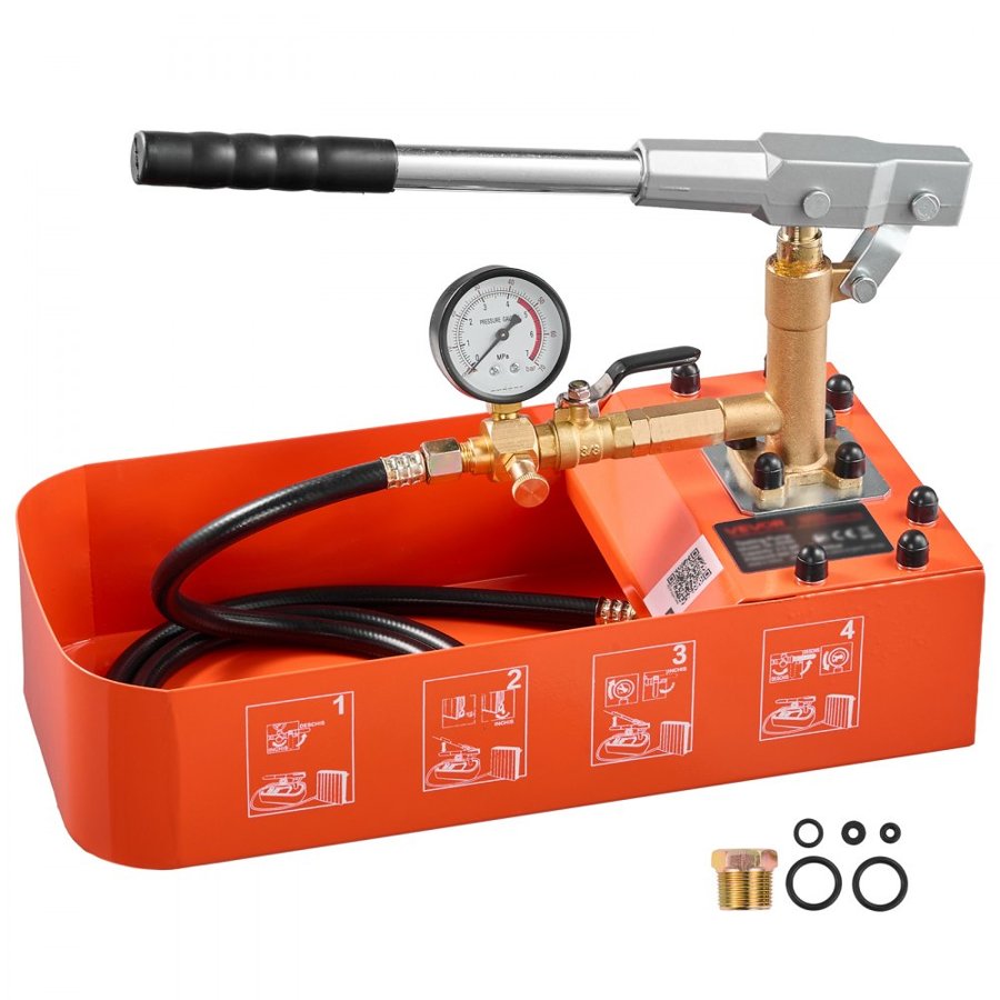 VEVOR Hydrostatic Test Pump 7.57 L Hydraulic Manual Water Pressure Tester, Single Valve Hydrostatic Water Pipe Leakage Pressure Test Pump Kit with Gauge & Tank, 0-50 Bar Range, for Pipeline Heating