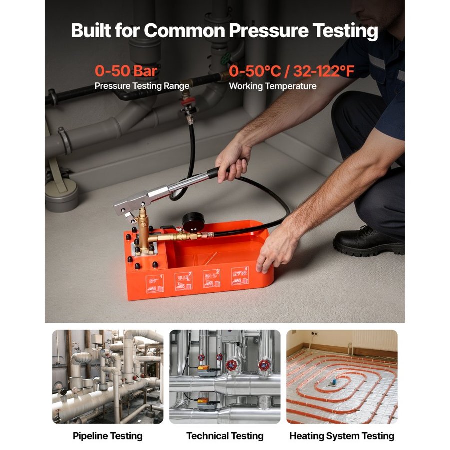 VEVOR Hydrostatic Test Pump 7.57 L Hydraulic Manual Water Pressure Tester, Single Valve Hydrostatic Water Pipe Leakage Pressure Test Pump Kit with Gauge & Tank, 0-50 Bar Range, for Pipeline Heating