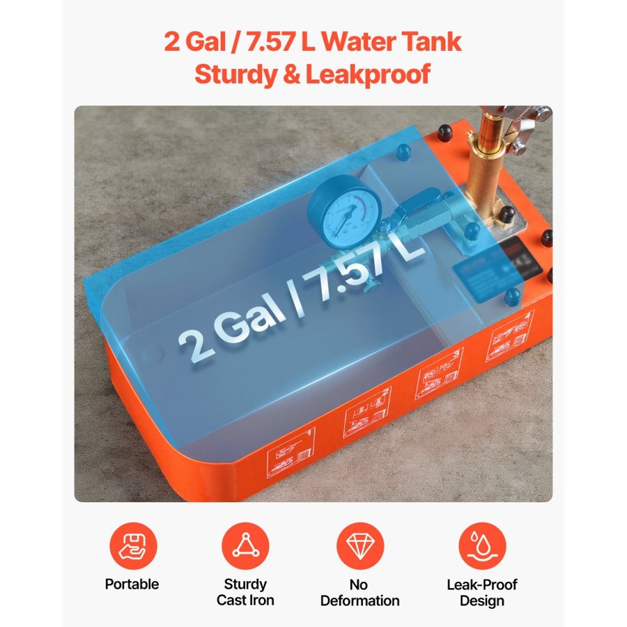 VEVOR Hydrostatic Test Pump 7.57 L Hydraulic Manual Water Pressure Tester, Single Valve Hydrostatic Water Pipe Leakage Pressure Test Pump Kit with Gauge & Tank, 0-50 Bar Range, for Pipeline Heating