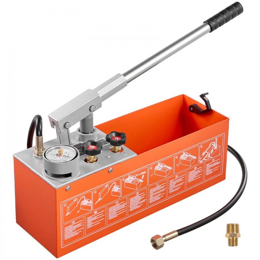 VEVOR Hydrostatic Test Pump 11.36 L Hydraulic Manual Water Pressure Tester, Dual Valve Hydrostatic Water Pipe Leakage Pressure Test Pump Kit with Gauge & Tank, 0-50 Bar Range, for Pipeline, Heating