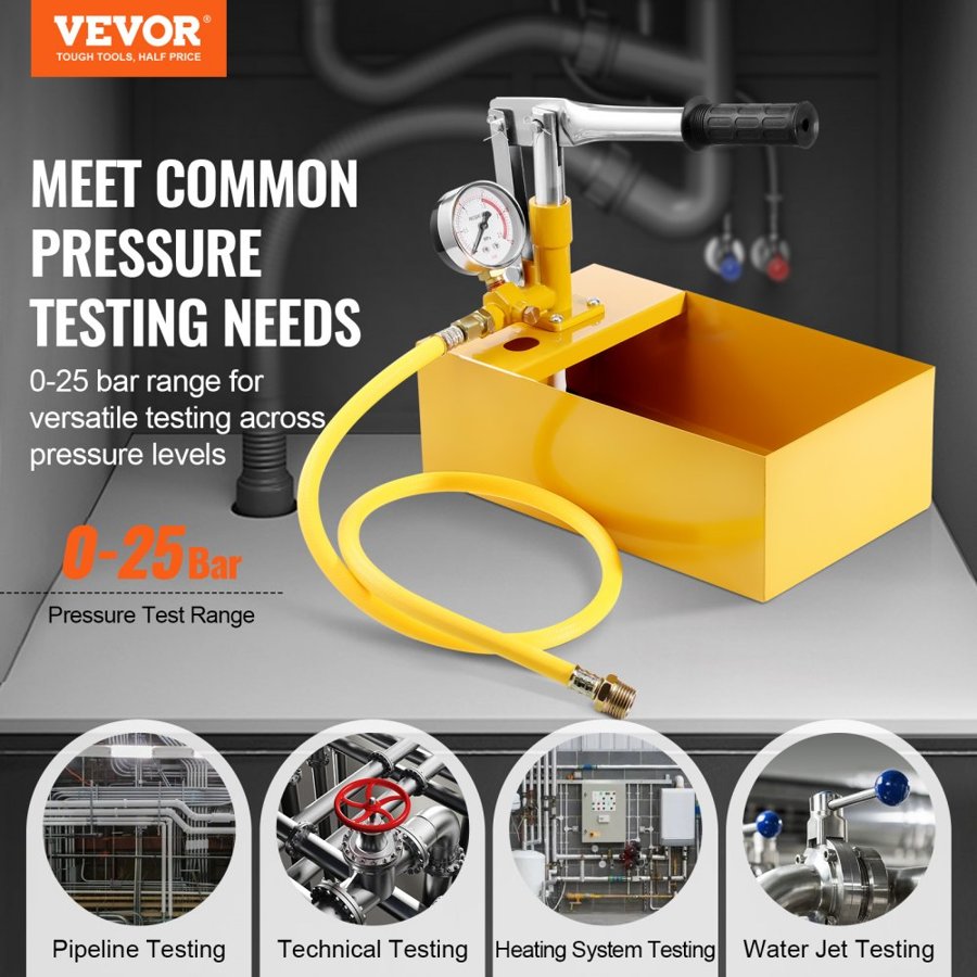 VEVOR Hydrostatic Test Pump, Max 25 bar/362 PSI, Single Valve Hydraulic Manual Water Pressure Tester Kit with Gauge 5L Water Tank, 1 m Hose with 1.27 cm External Thread Connector for Pipeline