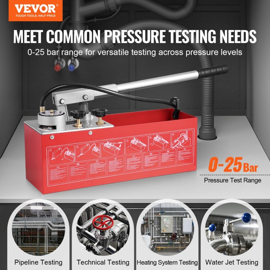 VEVOR Hydrostatic Test Pump, Max 25 bar/362 PSI, Dual Valve Hydraulic Manual Water Pressure Tester Kit with Gauge 10L Water Tank, 1.4 m Hose with 1.27 cm External Thread Connector for Pipeline
