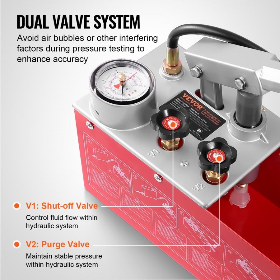 VEVOR Hydrostatic Test Pump, Max 25 bar/362 PSI, Dual Valve Hydraulic Manual Water Pressure Tester Kit with Gauge 10L Water Tank, 1.4 m Hose with 1.27 cm External Thread Connector for Pipeline