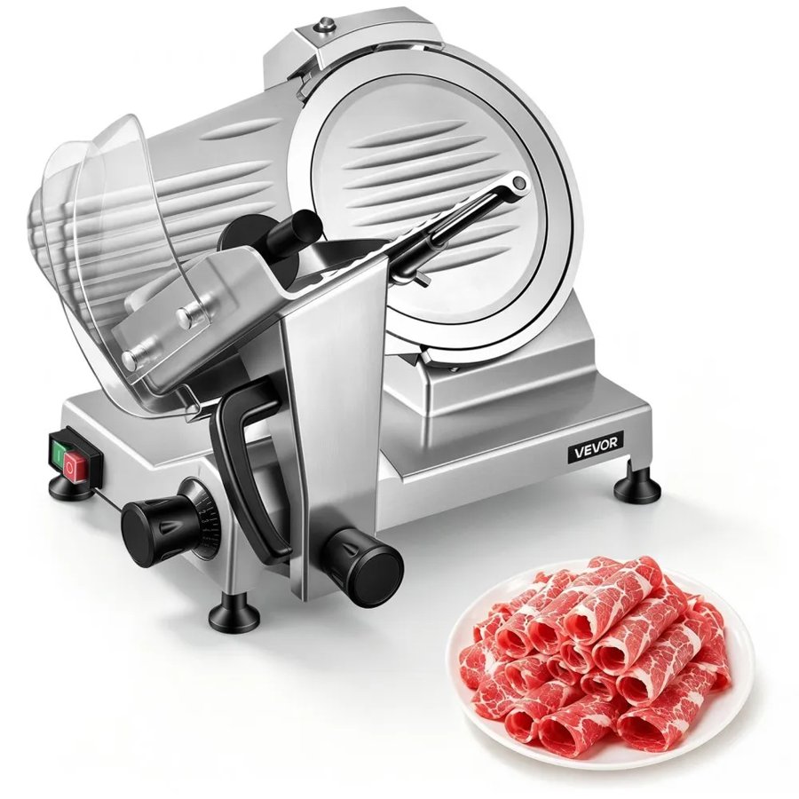 VEVOR Commercial Meat Slicer, 240W Electric Deli Food Slicer with 250mm Carbon Steel Blade, Built-In Sharpener & 0-12mm Adjustable Thickness for Frozen Meat, Ham, Baguett, Steak
