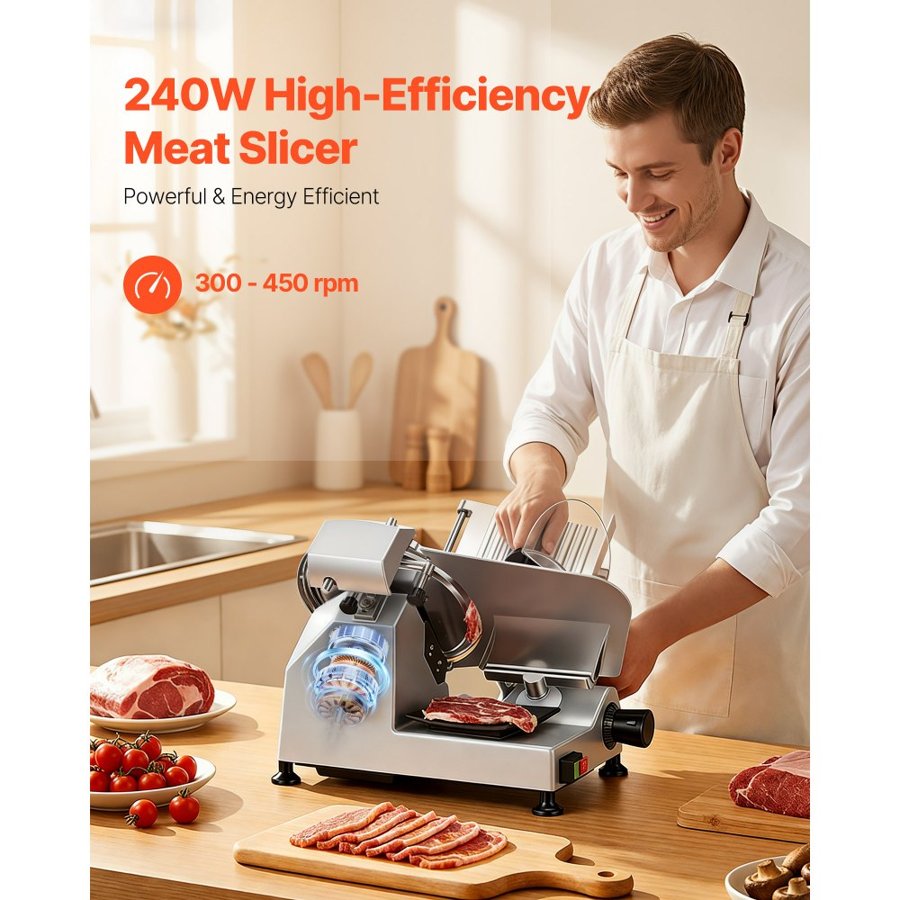 VEVOR Commercial Meat Slicer, 240W Electric Deli Food Slicer with 250mm Carbon Steel Blade, Built-In Sharpener & 0-12mm Adjustable Thickness for Frozen Meat, Ham, Baguett, Steak