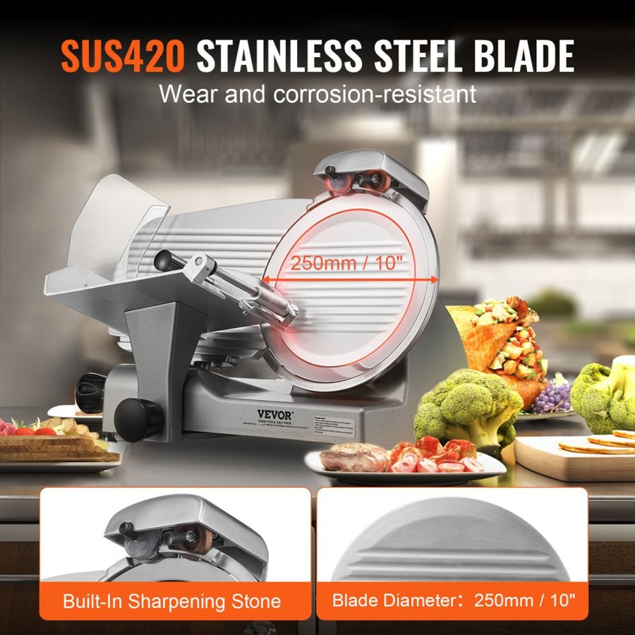 VEVOR Meat Slicer, 340W Electric Deli Food Slicer with 25.4 cm SUS420 Stainless Steel Blade and Built-in Sharpening Stone, 0-0.6 inch Adjustable Thickness for Commercial and Home Use, Cut Meat and Cheese