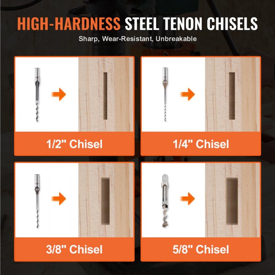 VEVOR Mortising Attachment for Drill Press, 4 Model Drills Square Hole Chisel Set, Bench Drill Locator Set Mortise and Tenon Tools with 5 Bushings, for Woodworking Mortising Tenoning Drilling Machine