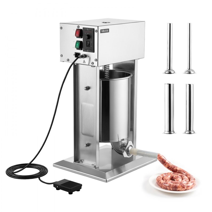 VEVOR Electric Sausage Stuffer 10L Vertical Meat Maker Stainless Steel, for Commercial Use, Stepless Speed Control Meat Stuffer, Sausage Filler Kit, 4 Filling Tubes & Foot Pedal, CE Approved