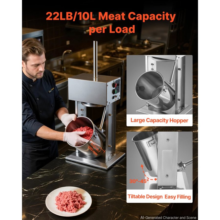 VEVOR Electric Sausage Stuffer 10L Vertical Meat Maker Stainless Steel, for Commercial Use, Stepless Speed Control Meat Stuffer, Sausage Filler Kit, 4 Filling Tubes & Foot Pedal, CE Approved