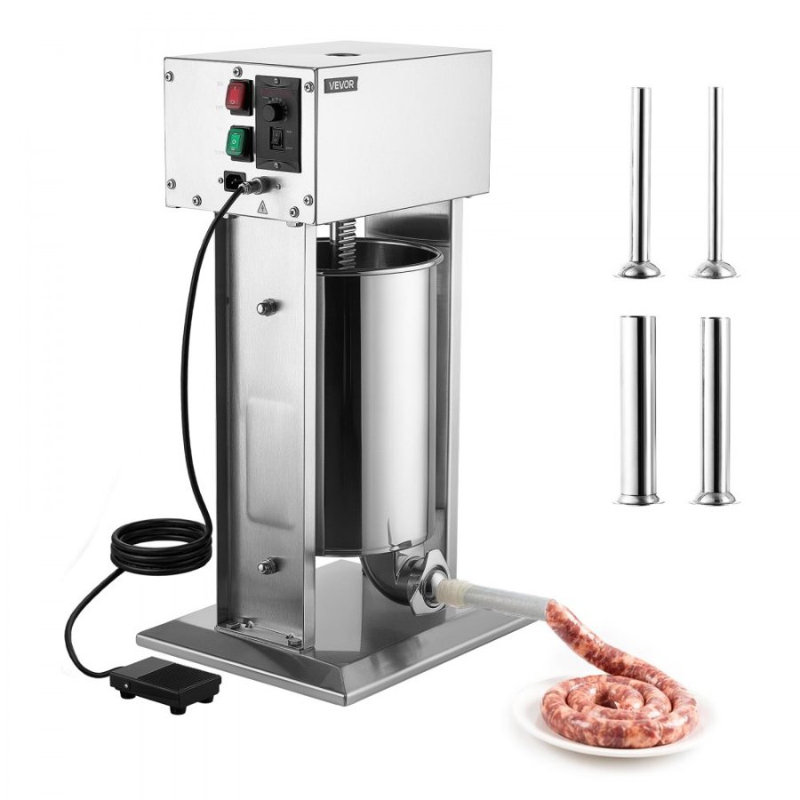 VEVOR Electric Sausage Stuffer 12L Vertical Meat Maker Stainless Steel, for Commercial Use, Stepless Speed Control Meat Stuffer, Sausage Filler Kit, 4 Filling Tubes & Foot Pedal, CE Approved