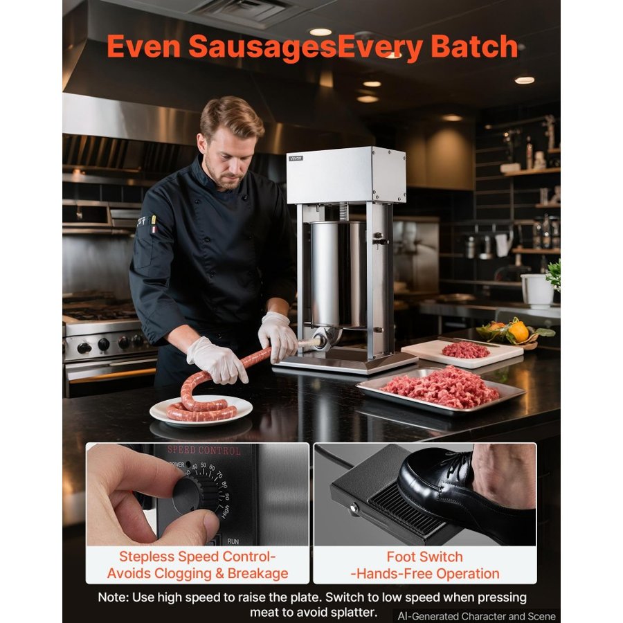 VEVOR Electric Sausage Stuffer 12L Vertical Meat Maker Stainless Steel, for Commercial Use, Stepless Speed Control Meat Stuffer, Sausage Filler Kit, 4 Filling Tubes & Foot Pedal, CE Approved