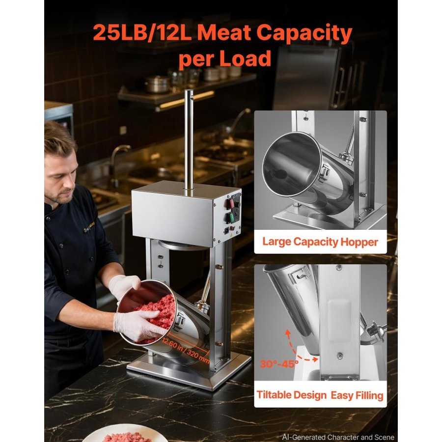 VEVOR Electric Sausage Stuffer 12L Vertical Meat Maker Stainless Steel, for Commercial Use, Stepless Speed Control Meat Stuffer, Sausage Filler Kit, 4 Filling Tubes & Foot Pedal, CE Approved