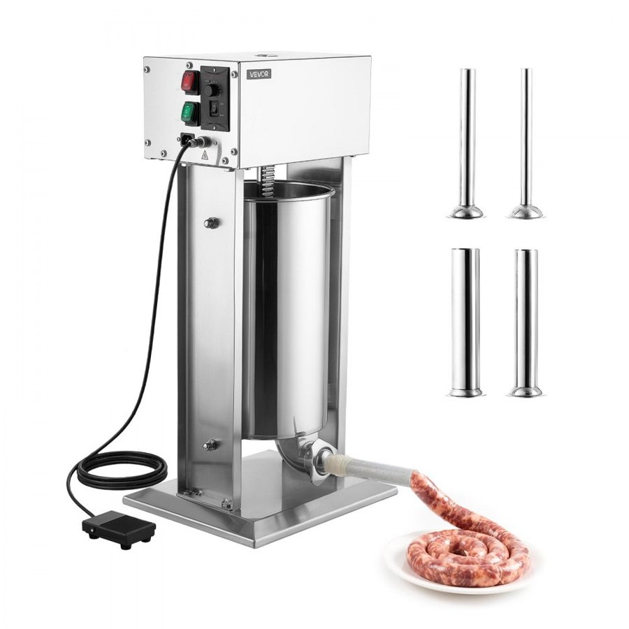 VEVOR Electric Sausage Stuffer 15L Vertical Meat Maker Stainless Steel, for Commercial Use, Stepless Speed Control Meat Stuffer, Sausage Filler Kit, 4 Filling Tubes & Foot Pedal, CE Approved