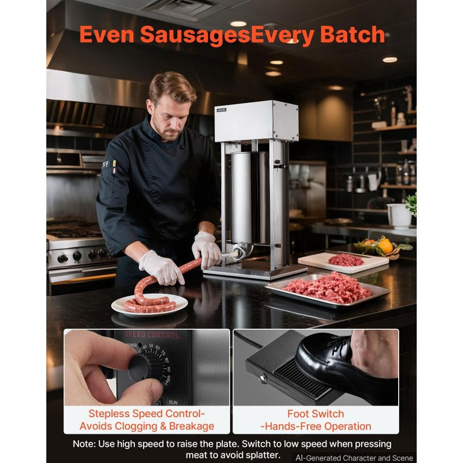 VEVOR Electric Sausage Stuffer 15L Vertical Meat Maker Stainless Steel, for Commercial Use, Stepless Speed Control Meat Stuffer, Sausage Filler Kit, 4 Filling Tubes & Foot Pedal, CE Approved