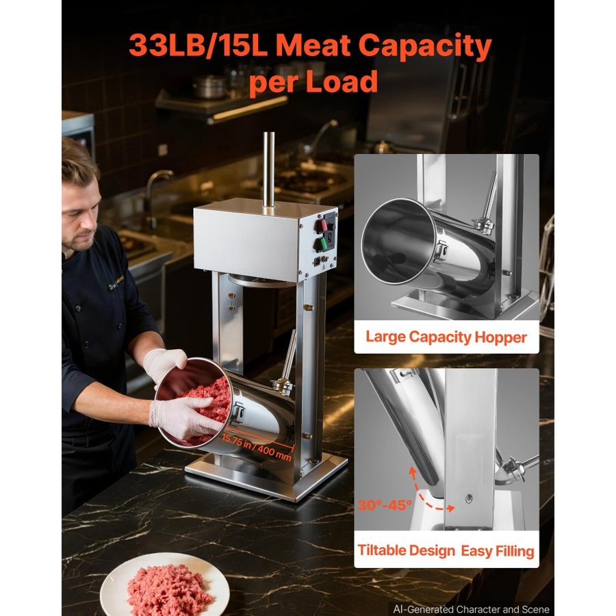 VEVOR Electric Sausage Stuffer 15L Vertical Meat Maker Stainless Steel, for Commercial Use, Stepless Speed Control Meat Stuffer, Sausage Filler Kit, 4 Filling Tubes & Foot Pedal, CE Approved