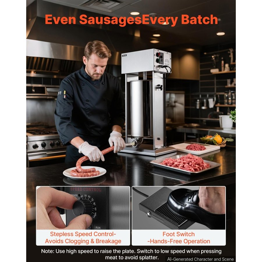 VEVOR Electric Sausage Stuffer 25L Vertical Meat Maker Stainless Steel, for Commercial Use, Stepless Speed Control Meat Stuffer, Sausage Filler Kit, 4 Filling Tubes & Foot Pedal, CE Approved