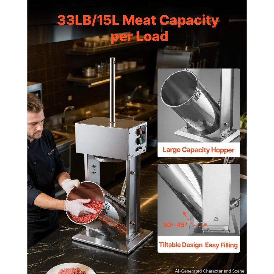 VEVOR Electric Sausage Stuffer 25L Vertical Meat Maker Stainless Steel, for Commercial Use, Stepless Speed Control Meat Stuffer, Sausage Filler Kit, 4 Filling Tubes & Foot Pedal, CE Approved
