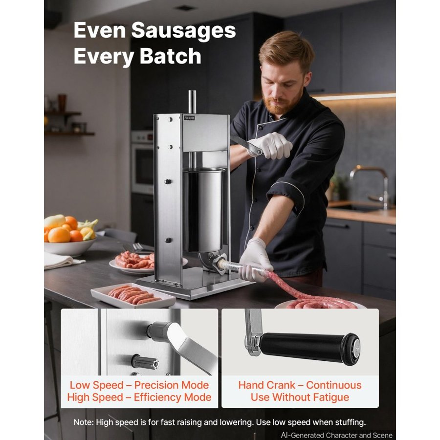 VEVOR Manual Sausage Stuffer 22 lbs/ 10L Vertical Meat Maker Stainless Steel, for Home Camping Outdoor Grill BBQ, Dual-Speed Meat Stuffer, Professional Heavy Duty Sausage Filler Kit, 4 Filling Tubes