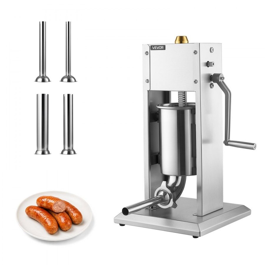 VEVOR Manual Sausage Stuffer 7 lbs/ 3L Vertical Meat Maker Stainless Steel, for Home Camping Outdoor Grill BBQ, Dual-Speed Meat Stuffer, Professional Heavy Duty Sausage Filler Kit, 4 Filling Tubes