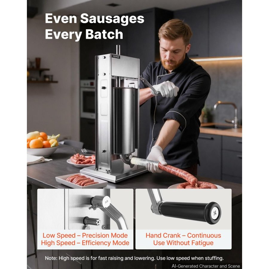 VEVOR Manual Sausage Stuffer 15 lbs/ 7L Vertical Meat Maker Stainless Steel, for Home Camping Outdoor Grill BBQ, Dual-Speed Meat Stuffer, Professional Heavy Duty Sausage Filler Kit, 4 Filling Tubes