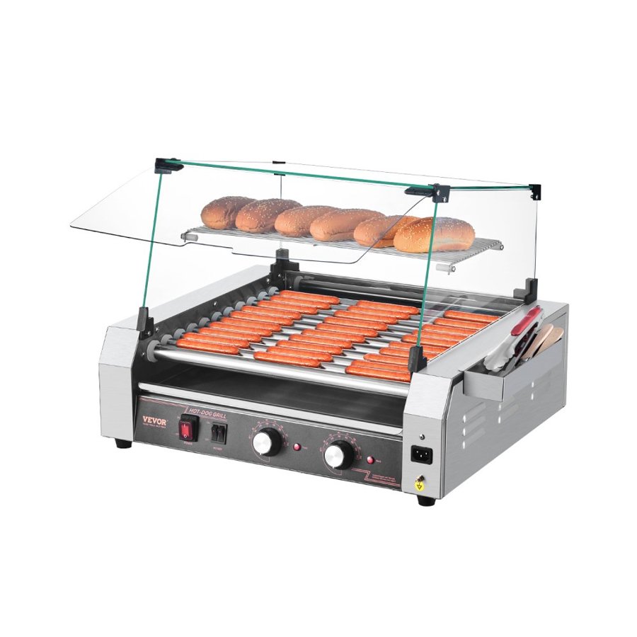 VEVOR Hot Dog Roller, 30 Hot Dog 11 Rollers, Stainless Steel Sausage Grill Cooker, 2200W Commercial Hot Dog Machine with Dual Temp Control, Cover, Side Storage Box, Removable Shelf & Oil Drip Tray