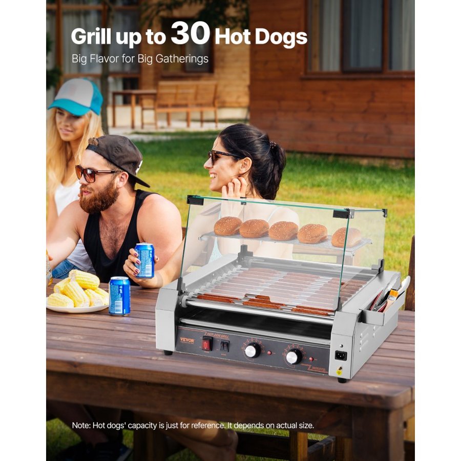 VEVOR Hot Dog Roller, 30 Hot Dog 11 Rollers, Stainless Steel Sausage Grill Cooker, 2200W Commercial Hot Dog Machine with Dual Temp Control, Cover, Side Storage Box, Removable Shelf & Oil Drip Tray