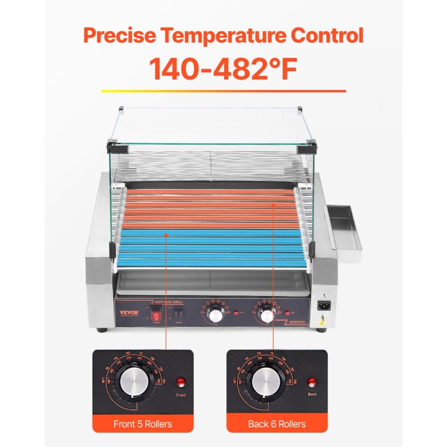 VEVOR Hot Dog Roller, 30 Hot Dog 11 Rollers, Stainless Steel Sausage Grill Cooker, 2200W Commercial Hot Dog Machine with Dual Temp Control, Cover, Side Storage Box, Removable Shelf & Oil Drip Tray