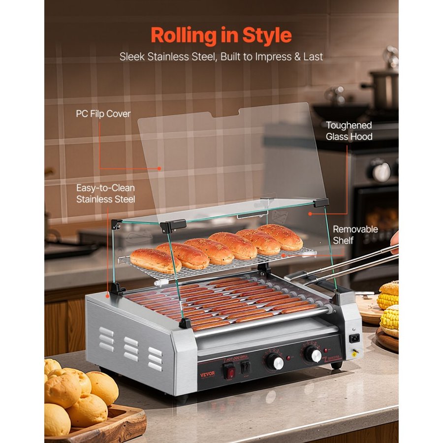 VEVOR Hot Dog Roller, 30 Hot Dog 11 Rollers, Stainless Steel Sausage Grill Cooker, 2200W Commercial Hot Dog Machine with Dual Temp Control, Cover, Side Storage Box, Removable Shelf & Oil Drip Tray