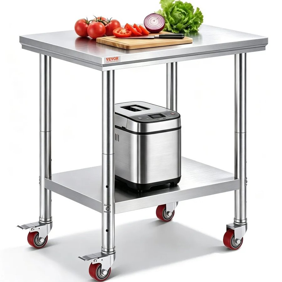 VEVOR Stainless Steel Work Table 30 x 24 x 33 Inch, 700 LBS Load Capacity with 4 Wheels, 3 Adjustable Height Levels, Heavy Duty Food Prep Worktable for Commercial Kitchen Restaurant, Silver