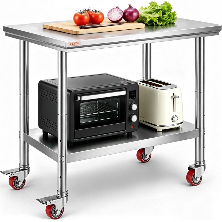 VEVOR 24 x 36 Stainless Steel Work Table – 700 LBS, 4 Wheels